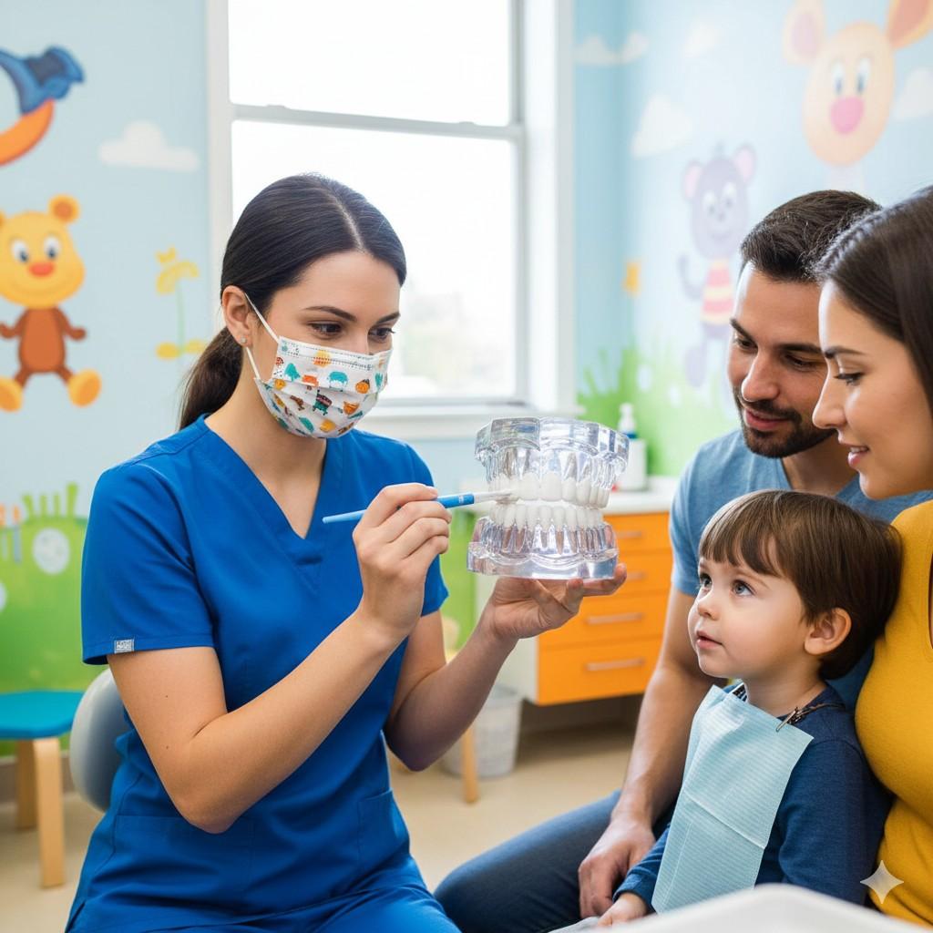 Pediatric dentist explaining teeth cleaning to parents and child using a dental model in clinic waiting area